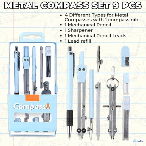 Image of FunBlast Metal Compass Set 9 Pcs - Geometry Box with Protractor, Set Squares, Ruler, Compasses, Ruler Sets, Instrument Box, Math Geometry Kit for Student & Professional (Blue)