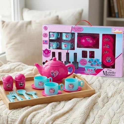 Image of Minnie Mouse 15-Piece Tea Party Set for Kids - Pretend Play Kitchen Toy with Electronic Kettle, Realistic Boiling Sounds & Lights - Safe, Non-Toxic Birthday Gift for Girls & Boys, Ages 3+