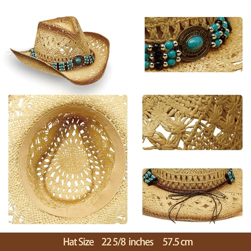 Image of YOUBADU Western Straw Cowboy and Cowgirl Hats with Decorative Bands - Unisex Wide Brim Raffia Style Sun Hat