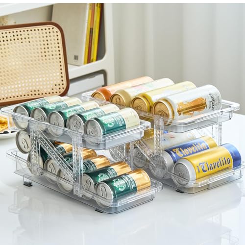 STORICANS Soda Can Dispenser for Refrigerator Set of 2 Adjustable Width Soda Can Organizer 2-Layer Beverage Pop Can Holder Drink Organizer for Fridge Pantry