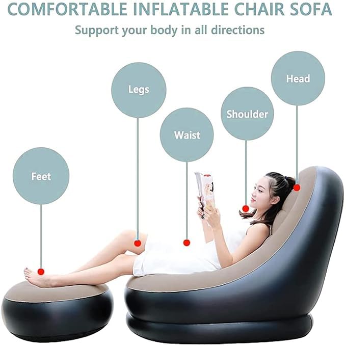 Image of Inflatable Recliner Sofa with Footrest & Air Pump, Portable PVC Air Lounge Chair for Living Room, Bedroom & Indoor Use, Foldable Lightweight Reclining Sofa Chair, Beige