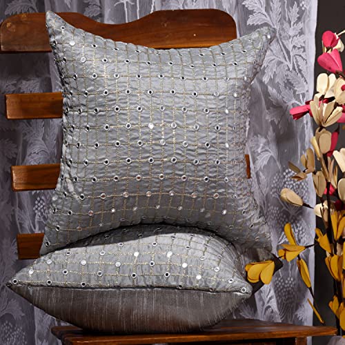 Image of Silver Decorative Cushion Covers 20x20 inches Set of 2, Embroidered Pillow Covers, Luxury Throws for Sofa and Couch, Festive Cushion Cover