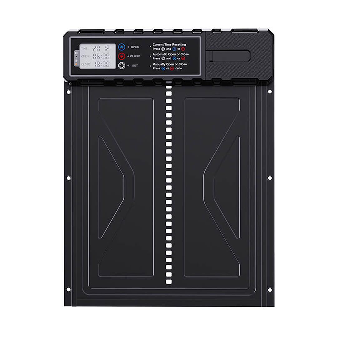 Aka & Lou elektrische Hühnerstalltür mit Zeitschaltuhr und manuell programmierbarem LCD-Bildschirm. Automatische Hühnerklappe mit Batteriebetrieb, groß, robust.