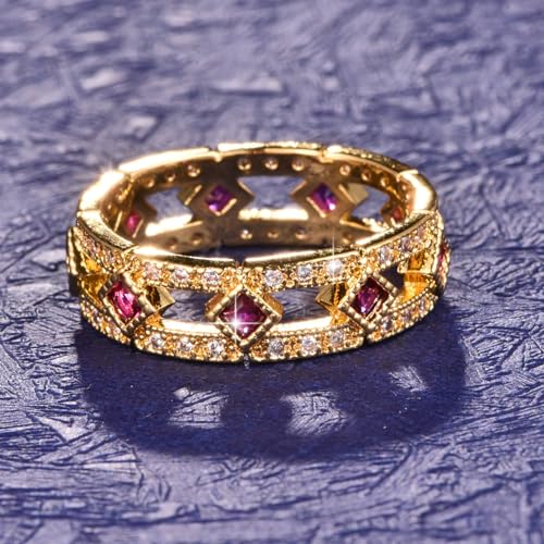 18K Gold Plated Rings for Women, Eternity Engagement Ring, Simulated Ruby Spinel Stacking Wedding Band Promise Ring for Her2