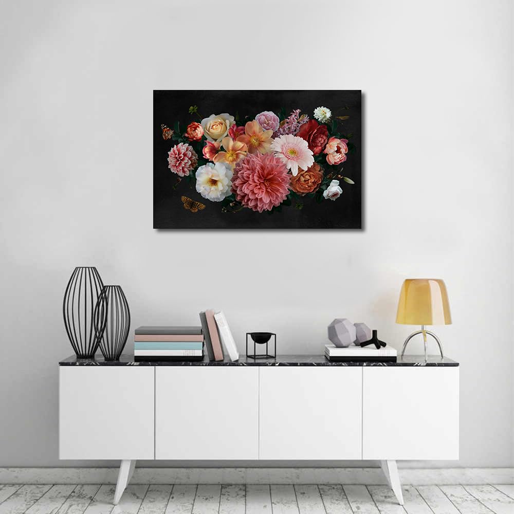 TISHIRON Canvas Wall Art Luxurious Luxurious Baroque Painting Garden Flowers Pink and White Peonies Artwork Print for Bedroom Kitchen Living Room Home Decor Framed Ready to Hang (40 x 60cm) - Image 4
