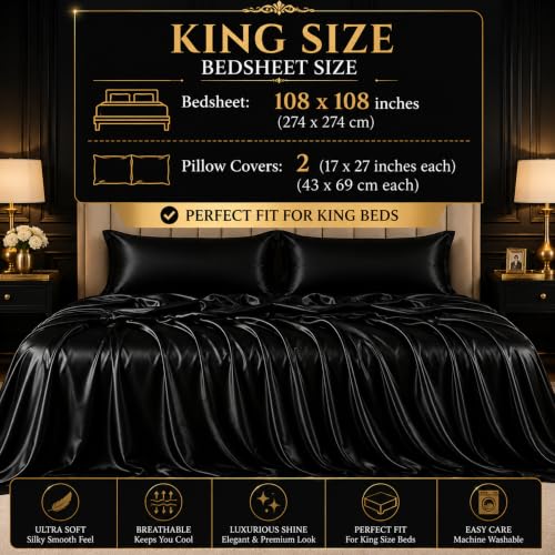 Image of SOFT SOULS Satin Bedsheet with Pillow Covers for Couples, Valentine's Day, Girlfriend, Boyfriend, Husband, Wife, or a Romantic Wedding First Night (Black, King Bedsheet)