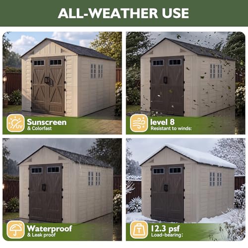 Image of Aoxun 8x12 Ft Outdoor Storage Shed with Lighe & Floor, Large Resin Outdoor Shed with Lockable Door & Windows, Garden HDPE Sheds for Lawn Tools, Pool Supplies & Bikes