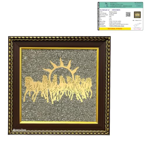 Image of ZENVIBES Original Pyrite Stone Frame with Vastu 7 Seven Running Horses & Sun | Wooden Photo Frame Wall Decor for Money, Wealth, Success & Protection | Certificate of Authenticity | 7x7 Inch Wall & Desk Decor