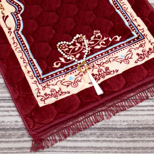 Image of Muslim Prayer Rug with Tasbih Prayer Beads, Soft Large Prayer Matt Islam, Padded Islamic Prayer Mat Thick for Men and Women, Janamaz, Sajadah (31.5 inch x 47.2 inch, Red)