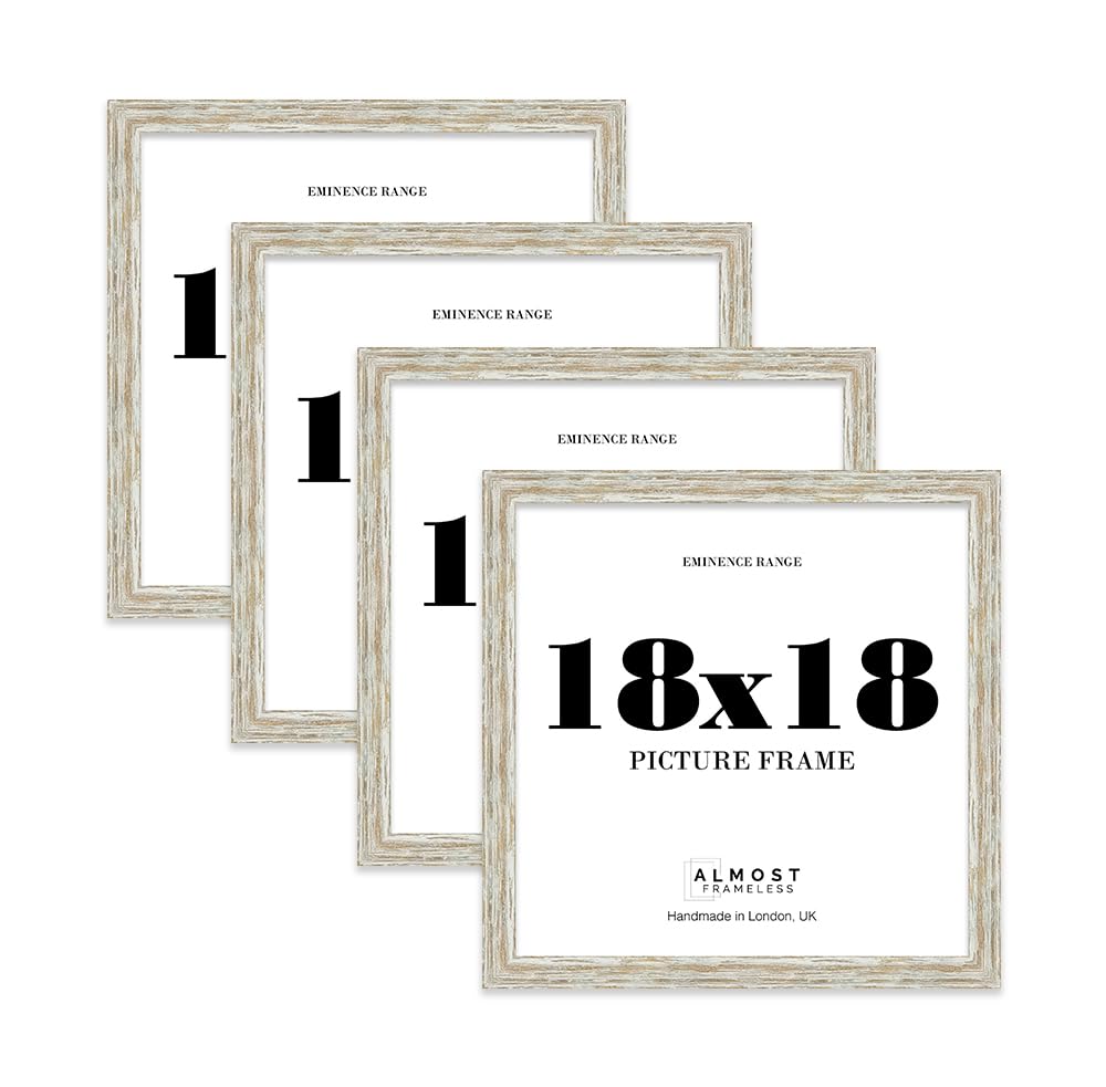18x18 Distressed White Oak Picture Frame - Rustic Wood Industrial Effect Photo Frame for Wall Display, Ideal for Posters, Prints & Home Décor, Wall Hooks, 32mm Edge - 4 Pack