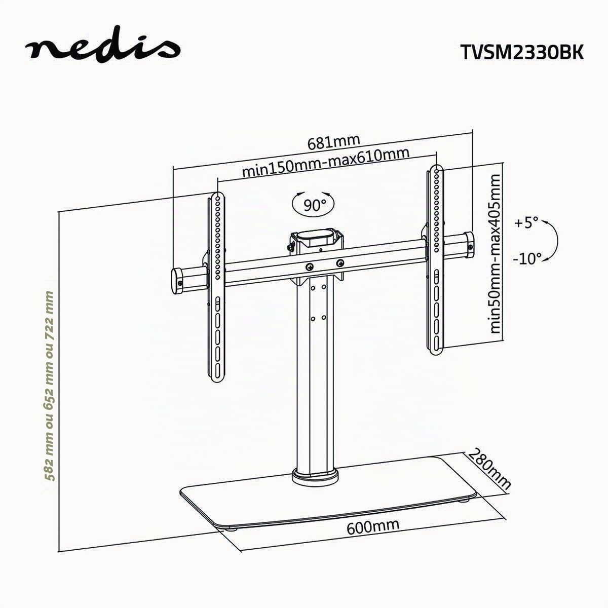 Support TV Full Mouvement intégral - 32-65" - Poids d'écran Maximal Pris en Charge: 45 kg - Inclinable - Rotatif - Hauteurs pré-fixées réglables - Acier/Verre - Noir