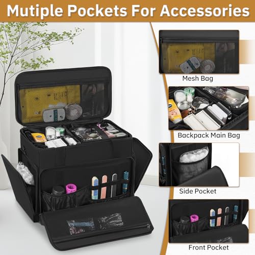 Extra Large Makeup Case with 4 Removable Pouches, Professional Make up Train Case, Travel Cosmetic Bag for Hairstylists Nail Tech Makeup Artist with Shoulder Strap and Handle (Black)4