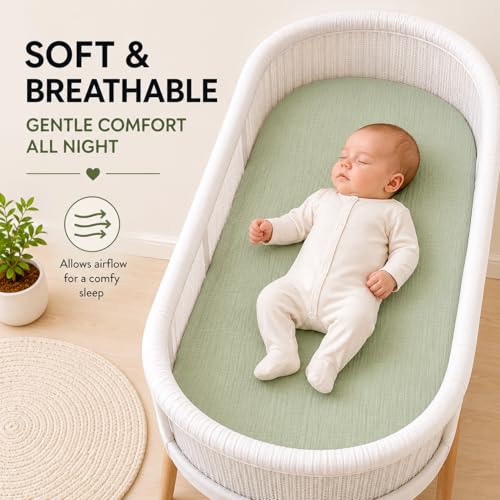 Image of Muslin Bassinet Sheets, 3-Pack 100% Cotton Fitted Bassinet Mattress Sheets, Olive Green, Universal Fit 33x17x4
