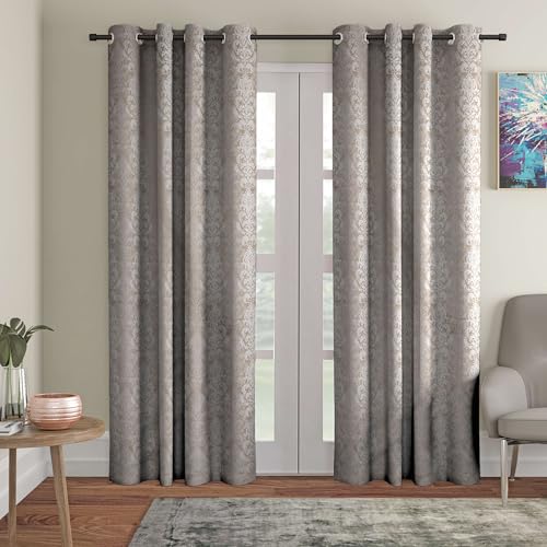 Image of STITCHNEST Damask Jacquard Door Curtain - Beige, 7 Feet, Grommet Top - Pack of 1 Luxurious Curtain for Living Room & Bedroom