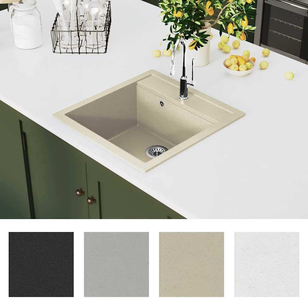 Lavello singolo in granito, beige, da incasso, con vasca extra profonda, 490 x 510 mm, con cestello per cucina, giardino, camper