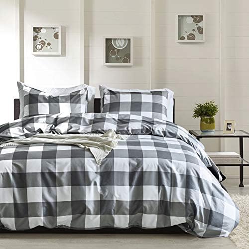 Yasosing Home Bedding 2 Piece Duvet Cover Set Hypoallergenic Brushed Microfiber Grey White Plaid Geometric Modern Pattern Printed Down Comforter Cover Zipper Closure 1 Duvet Cover+1 Pillowcase Twin