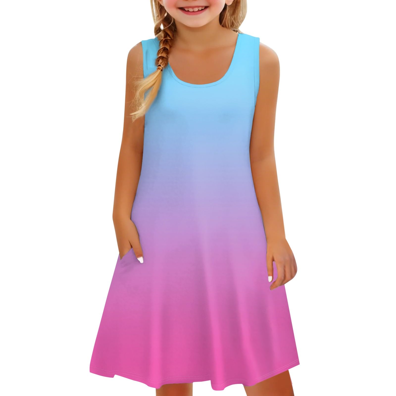 Vestito estivo da bambina, senza maniche, estivo, per feste in spiaggia, con scollo rotondo, leggero, linea ad A, casual, alla moda, boho, prendisole