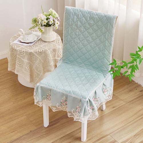 Image of HOMETHREADS Vintage Dining Chair Protector Cover, Quilted Cotton with Lace Frills, Easy Slip-On Design, Protects Seat & Backrest While Keeping Chair Visible, Washable & Reusable, Green (Pack of 2)