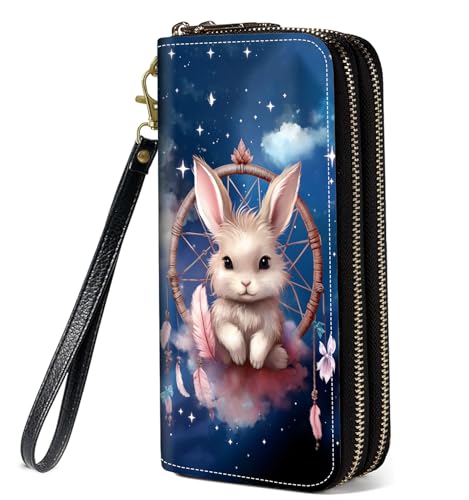 Dream Catcher Rabbit Print Wallet for Women Large Capacity Wallet Credit Card Holder PU Leather Double Zipper Clutch Purse Phone Wallet