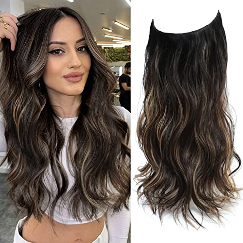 Invisible Secret Hair Extensions Natural Black to Caramel Blonde Hair Extension 20 inch Natural Wavy Hair Pieces for Women Synthetic Hair Extensions Clip in Hairpiece