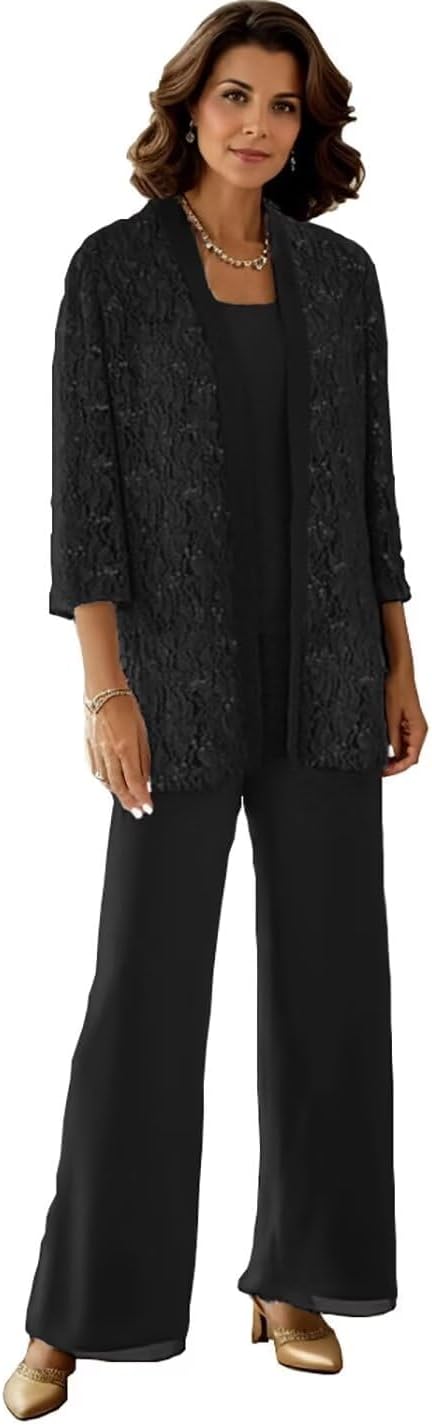 3 Pieces Mother of The Bride Pant Suits Lace Sequin Pant Suit 3/4 Sleeve Sparkly Formal Pantsuits for Women Dressy