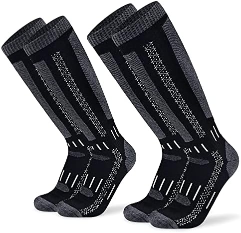 Busy Socks 2 Pack Men's Knee High Heated Wool Socks for Skiing Snowboarding, Snowboard 40% Wool Performance Support Boot Socks for Women, Large, Black/Dark Grey