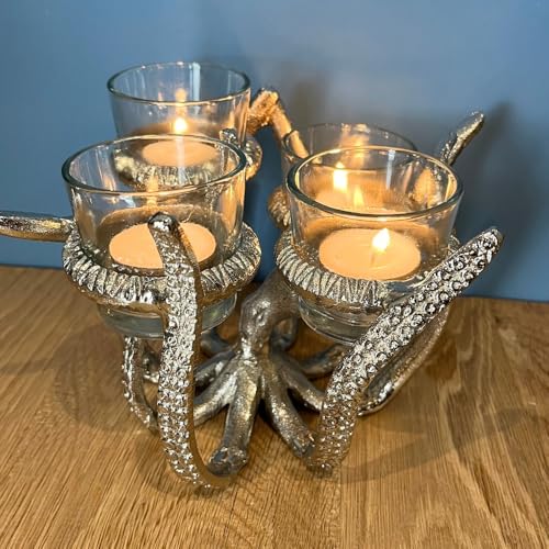 Octopus Tealight Candle Holder | Nautical Octopus with 4 Glass Candle Holders | Silver Aluminium Tea Light Candelabra - 19x17cm - Cosy Home Interiors Octopus Tealight Candle Holder | Nautical Octopus with 4 Glass Candle Holders | Silver Aluminium Tea Light Candelabra - 19x17cm - Image 6