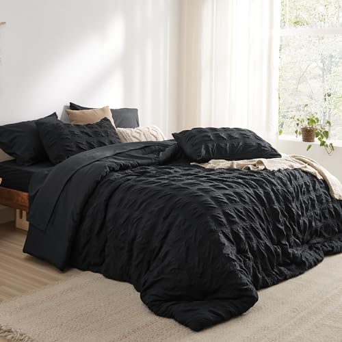 Bedsure Bed in a Bag Full - 7 Pieces Plaid Seersucker Bedding Comforter Sets, Soft Lightweight Black Boho Bed Set with Comforters Full Size, Sheets, Pillowcases & Shams