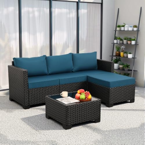 Rattaner Outdoor Furniture Set 3 Pieces Wicker Patio Furniture Outdoor Sectional Patio Couch Outdoor Coffee Table All-Weather Non-Slip Cushions Waterproof Covers, Peacock Blue - Image 2