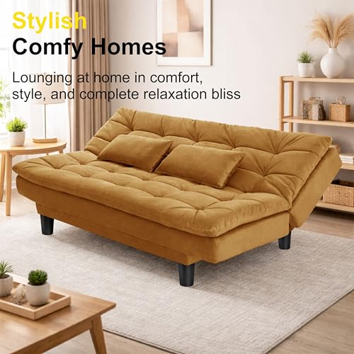 Image of Modern 3 Seater Sofa Cum Bed with Cushions, Foldable Convertible Couch, Velvet Fabric Sleeper Sofa for Living Room, Guest Room, Golden