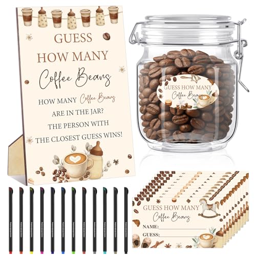 GlikCeil 76 Pcs A Baby Is Brewing Baby Shower Decoration Guess How Many Coffee Bean Party Supplies 60 Game Cards 12 Pens 2 Cute Stickers 1 Storage Jar 1 Wood Gender Reveal Sign for Birthday Party