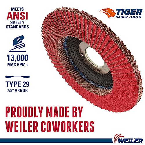 Image of Weiler 50101 Saber Tooth 7 /8 inch Arbor, 4-1 /2 inch Diameter, 40 Grit, Ceramic, Phenolic Backing, Angled Abrasive Flap Disc