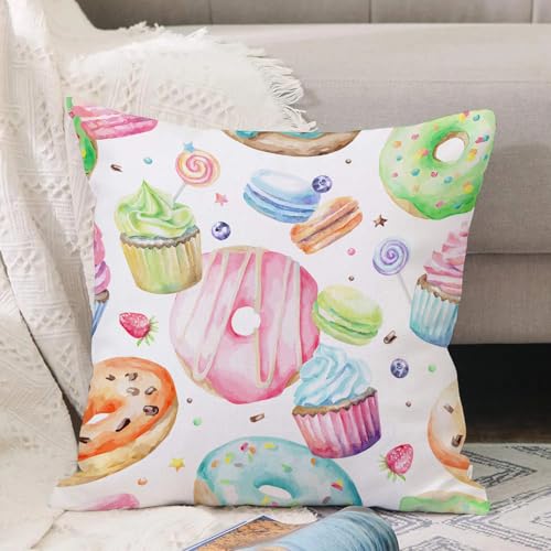 VJIZLOQB Fundas Cojines,Fundas de Cojines Decorativo Fundas Cojin Poliéster por Sala de Dormitorio Sofá,Dulce y Delicioso patrón de Acuarela con macarrones, Cupcakes y Donuts. Fondo di,45x45cm