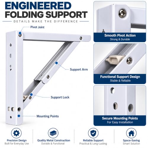 Image of Compal 20 Inch Folding Shelf Brackets for Wall Mounted Table, Heavy Duty Metal Foldable Bracket Pair for Study Table, Laptop Desk, Work Table & Shelf, Space Saving 90 Locking Support, White