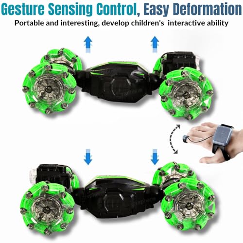Image of GRAPHENE 4WD RC Smoke Stunt Car 2.4GHz Gesture Watch Sensor Remote Control Double-Sided Vehicle 360 Rotating Flip Twisting Off-Road with Light & Music Spray Drift Driving Toy for Kids