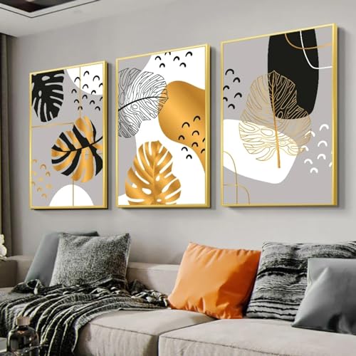 Toile de plante abstraite noire et dorée KEBIA triptyque 40x60 cm sans cadre pour salon