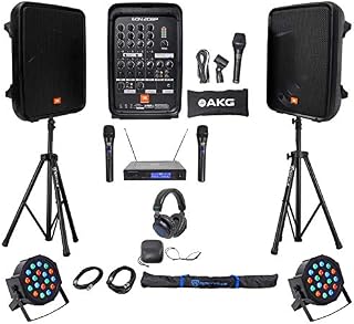 JBL EON208P 8" Powered Bluetooth Speakes+Mixer+Stands+Wireless Mics+Headphones