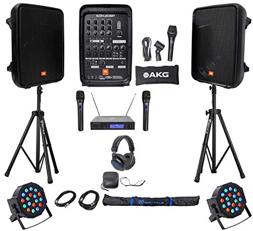 JBL EON208P 8" Powered Bluetooth Speakes+Mixer+Stands+Wireless Mics+Headphones