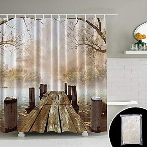 Shower Curtain, Jaragar Waterproof Mildewproof Polyester Fabric Shower Curtain Fall Wooden Bridge Printed Bath Accessories 71 x 71 inch with Plastic Hooks Cover