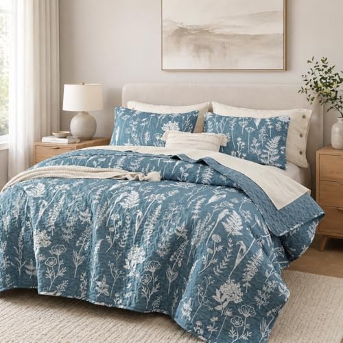 JANZAA Quilt King Size, Mineral Blue Bedspread Floral Bedding Set 3 Pieces