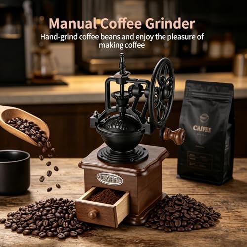 Vintage Coffee Grinder, Manual Hand Crank Coffee Bean Grinder with Ferris Wheel Handle, Adjustable Coarseness, Cast Iron Wooden Mill for Fresh Grinding at Home and Kitchen Use - 3