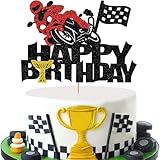 Motorcycle Bike Racing Cake Decorations - Glitter Motorcycle Theme for Boys, Men & Girls - Happy Birthday Party Supplies