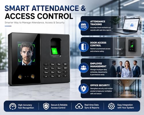Image of Smart Biometric Attendance Machine with Face Recognition,Fingerprint Scanner,USB Support,Digital Display,Office Attendance Device,Secure Access Control System for Office&Business Use(1 Year Warranty)