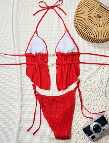Image of ZAFUL Halter Swimsuits for Women Textured Backless 2 Piece Bathing Suits Cheeky High Cut String Tie Side Bikini Sets