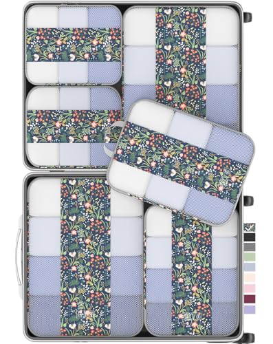 Image of 6 Set Compression Packing Cubes for Travel Essentials,Compressible Expandable Packing Cubes for Suitcase,OlarHike Luggage Organizer Bags for Travel(Dark Blue Floral)