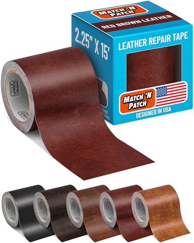 MATCH 'N PATCH Leather Repair Tape - Red Brown (2.25 inch x 15 feet) - Realistic Faux Leather Patches for Couch, Sofa, Upholstery, Car Seats & Other Furniture, Vinyl Repair Kit, Self Adhesive Patch