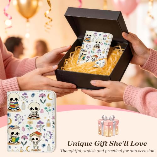 Image of Toughergun Bookish Skeletons RFID Small Wallet Women, Slim Thin Vegan Leather Bifold Wallet with Zipper Coin Pocket & ID Window, Cute Mini Travel Credit Card Holder Gift for Women Ladies Teen Girls