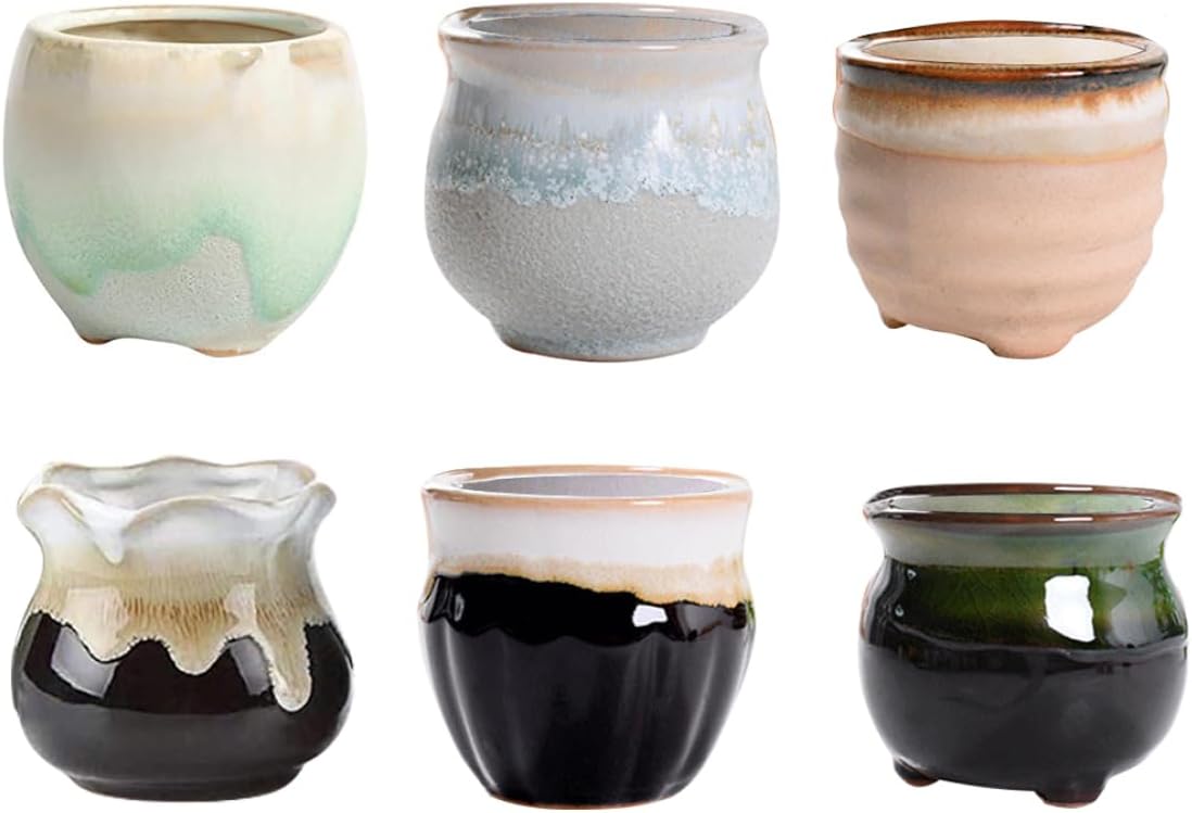 Bonsai Flower Pots, Succulent Plant Pots Mini Ceramic Flower Pots with Drainage Tiny Porcelain Planter Home Office Decor 6 PCS