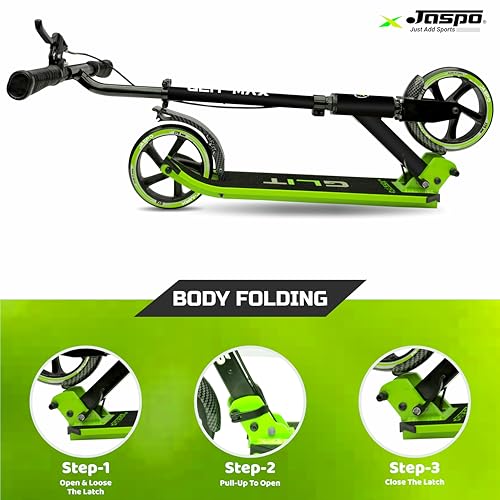 Image of Jaspo Glitmax Metal Kick Scooter 175Mm Pu Wheels, Weight Limit 120 Kg,Front Rear Brakes,Grip Surface,for Tar Roads,3 Size Adjustments for Kids Youth & Adults (Glitmax, Green)