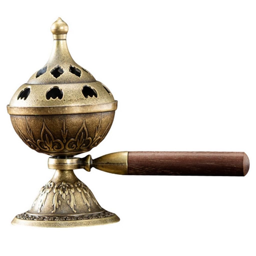 HASTHIP® Dhuna Loban Burner Desk Decor Wooden Handle Handheld Round Dhooni Dhoop Dani Incense Burner for Cone Incenses Table-Top Brass Incense Holder for Loban Relaxation Mindfulness Gifting